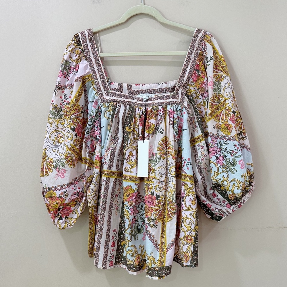 Rachel Zoe Floral Scarf Print Peasant Blouse Square Neck Balloon Sleeve Top 3X